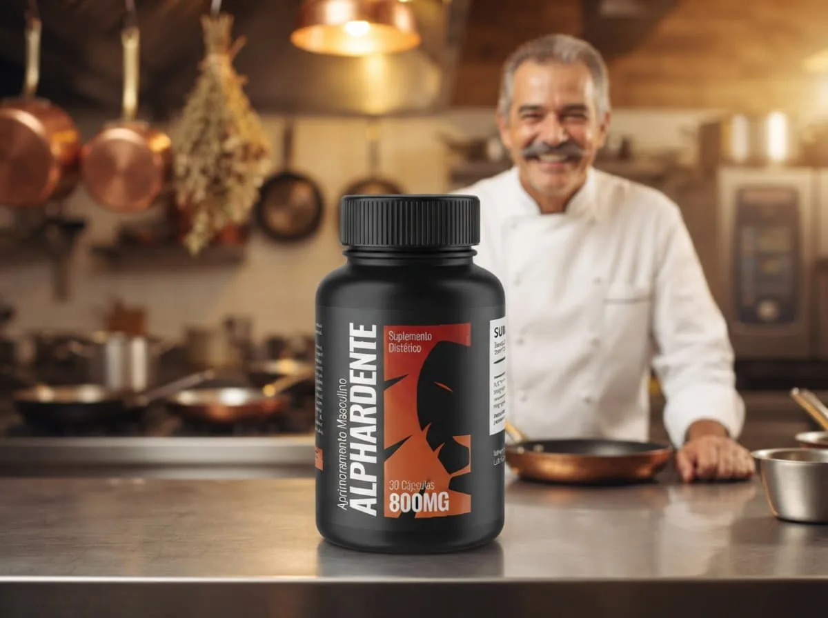 Chef de cozinha sorrindo com o frasco de Alphardente Cápsulas