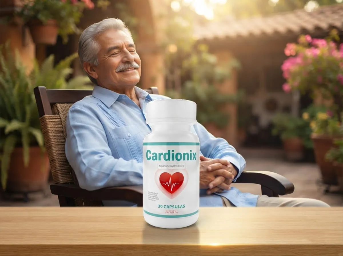 Hombre mayor descansando en un patio mexicano junto a un frasco de Cardionix