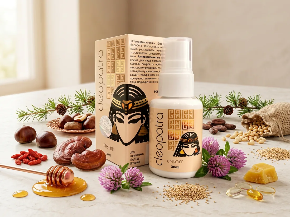 Cleopatra formülündeki doğal bileşenler — goji, bal, reishi ve bitkisel yağlar
