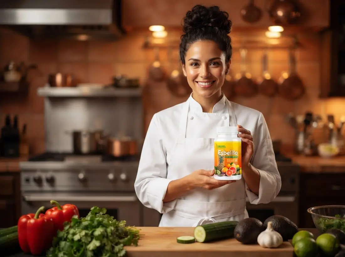 Cocinera sonriendo en una cocina con verduras frescas y el frasco de Esbelita