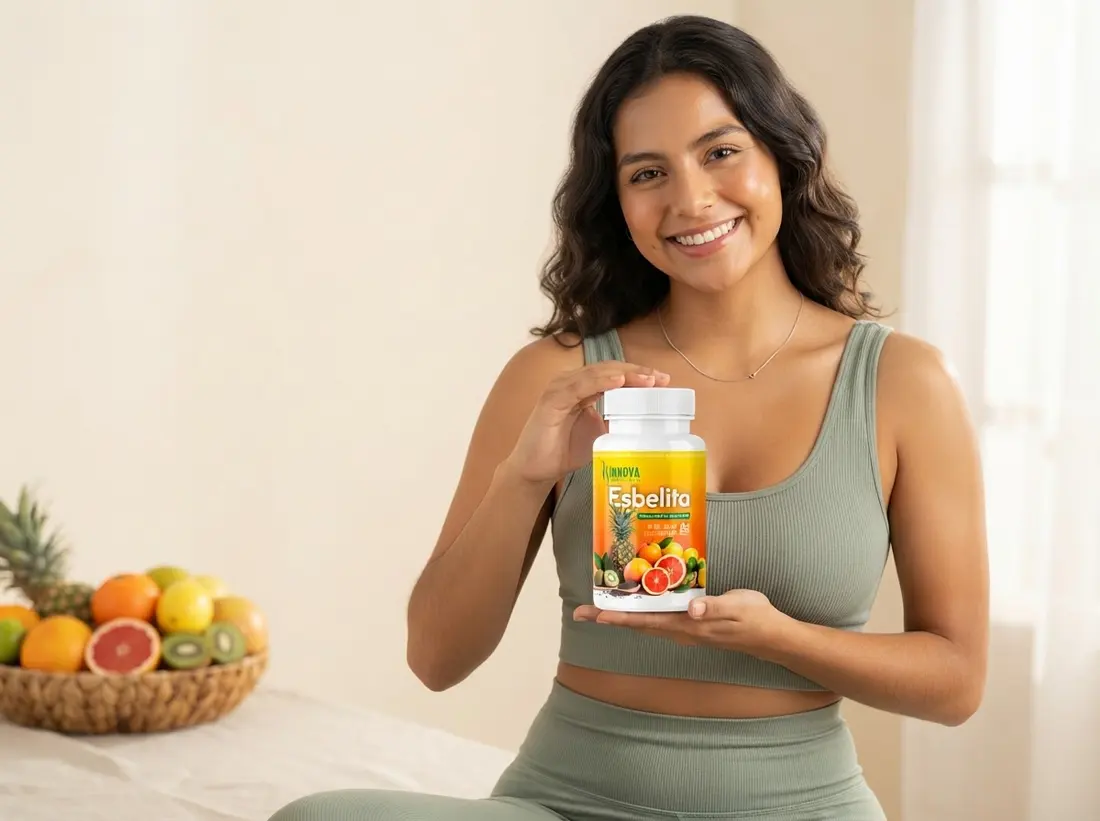 Mujer sosteniendo el frasco de Esbelita junto a un frutero con fruta fresca