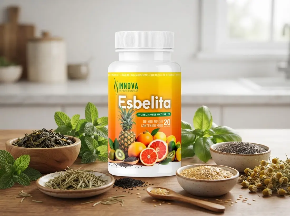 Frasco de Esbelita sobre una mesa de madera con cuencos de hierbas y semillas