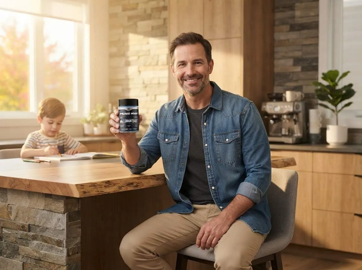 A father in a kitchen holding a jar of PRIME MAN Gummies while a child draws at the table behind him