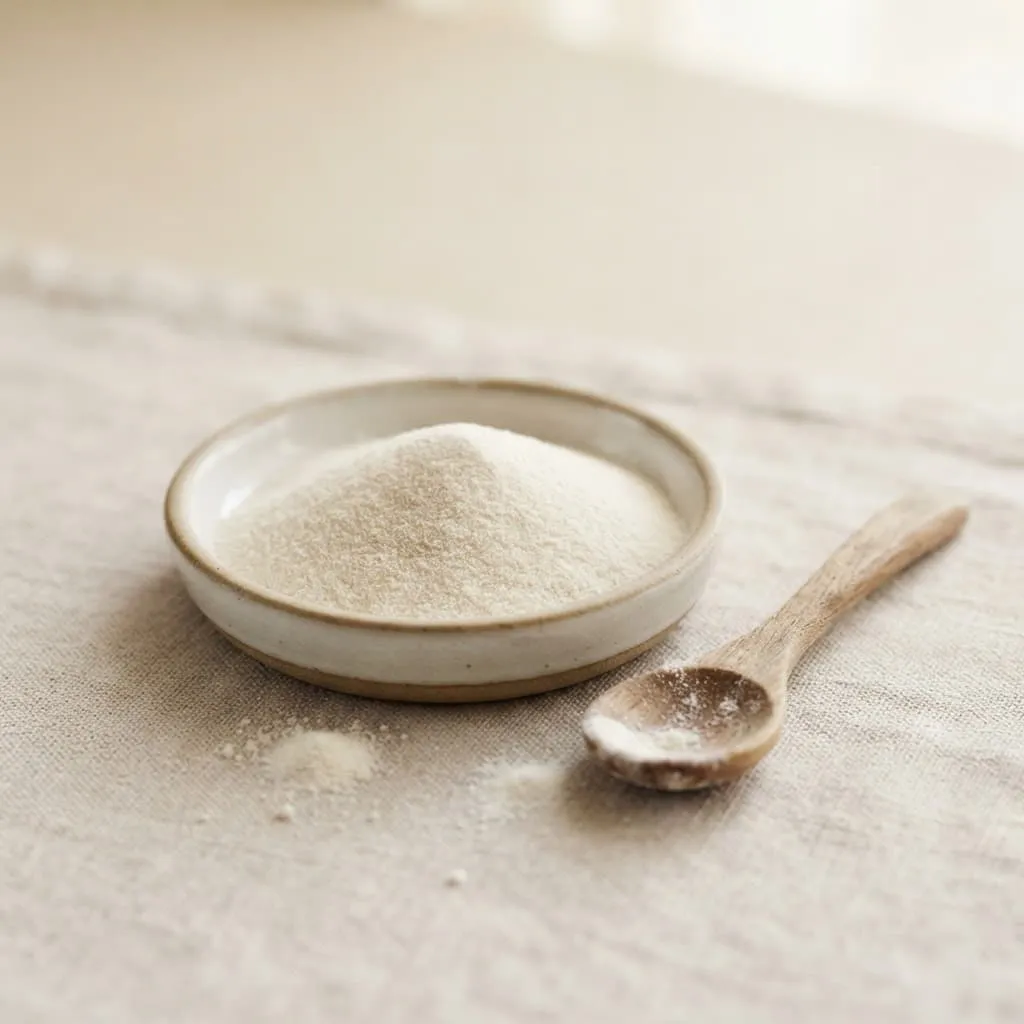 Hydrolysiertes Kollagenpulver in einer Keramikschale mit Holzlöffel