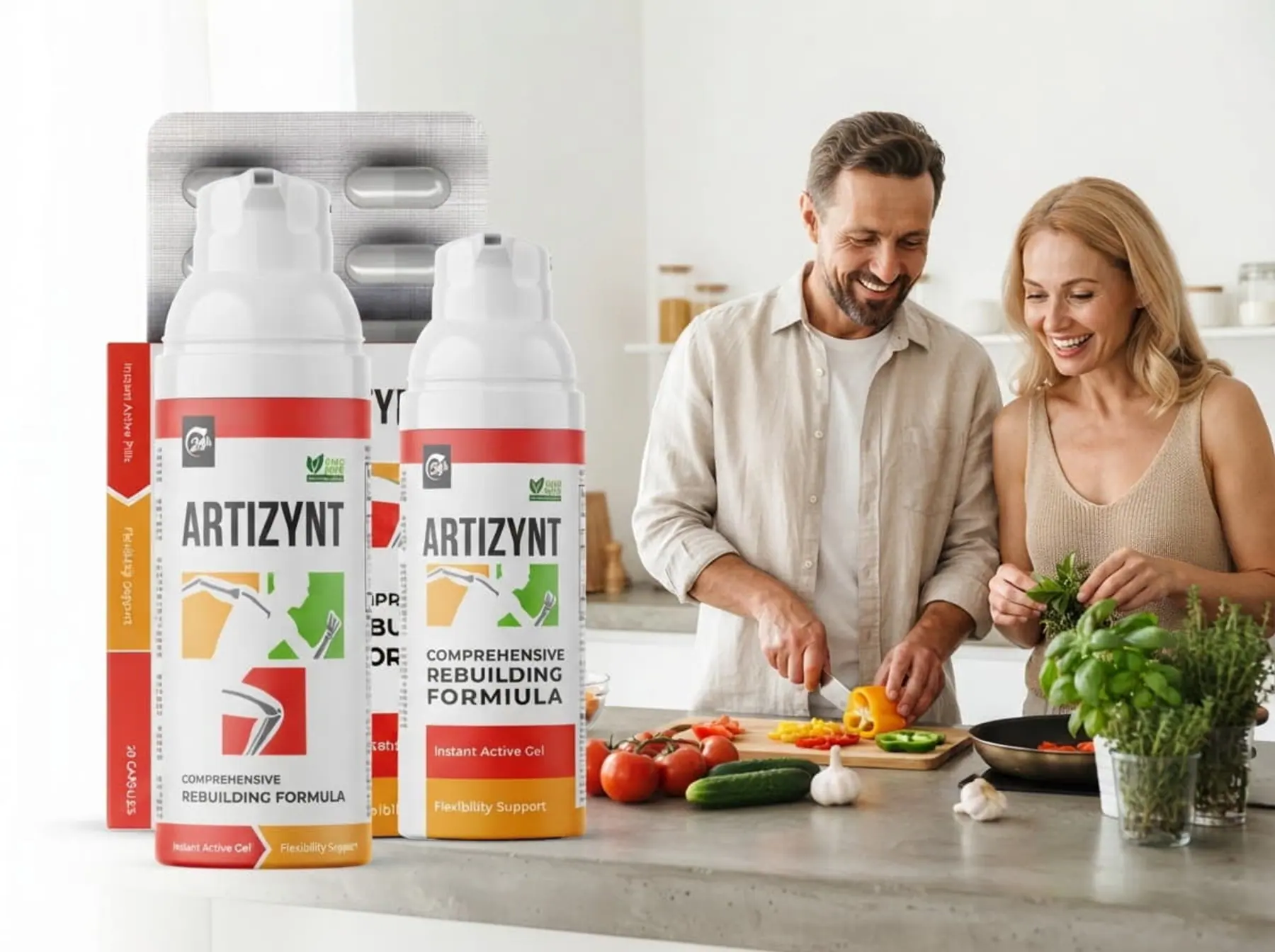 Pareja cocinando verduras frescas en una cocina luminosa; en primer plano, ArtiZynt gel y cápsulas