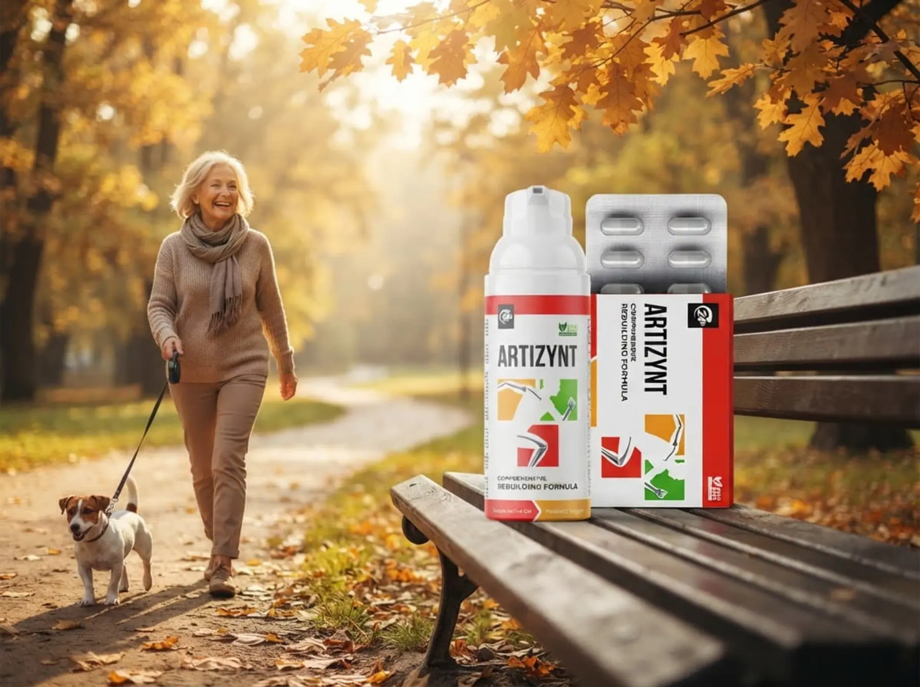 Mujer de unos 60 años pasea a su perro por un parque en otoño; en el banco, ArtiZynt gel y cápsulas