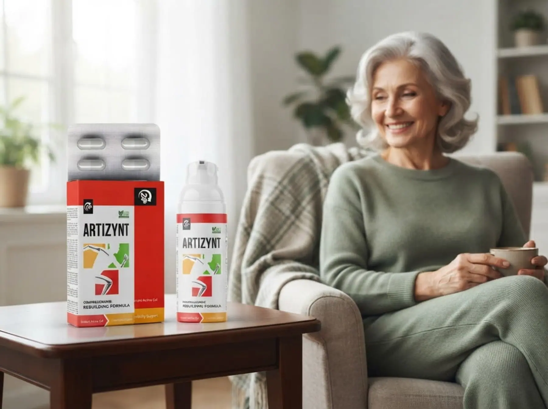 Lächelnde Frau um die 70 mit Teetasse im Sessel, daneben ArtiZynt Kapseln und Gel auf einem Beistelltisch