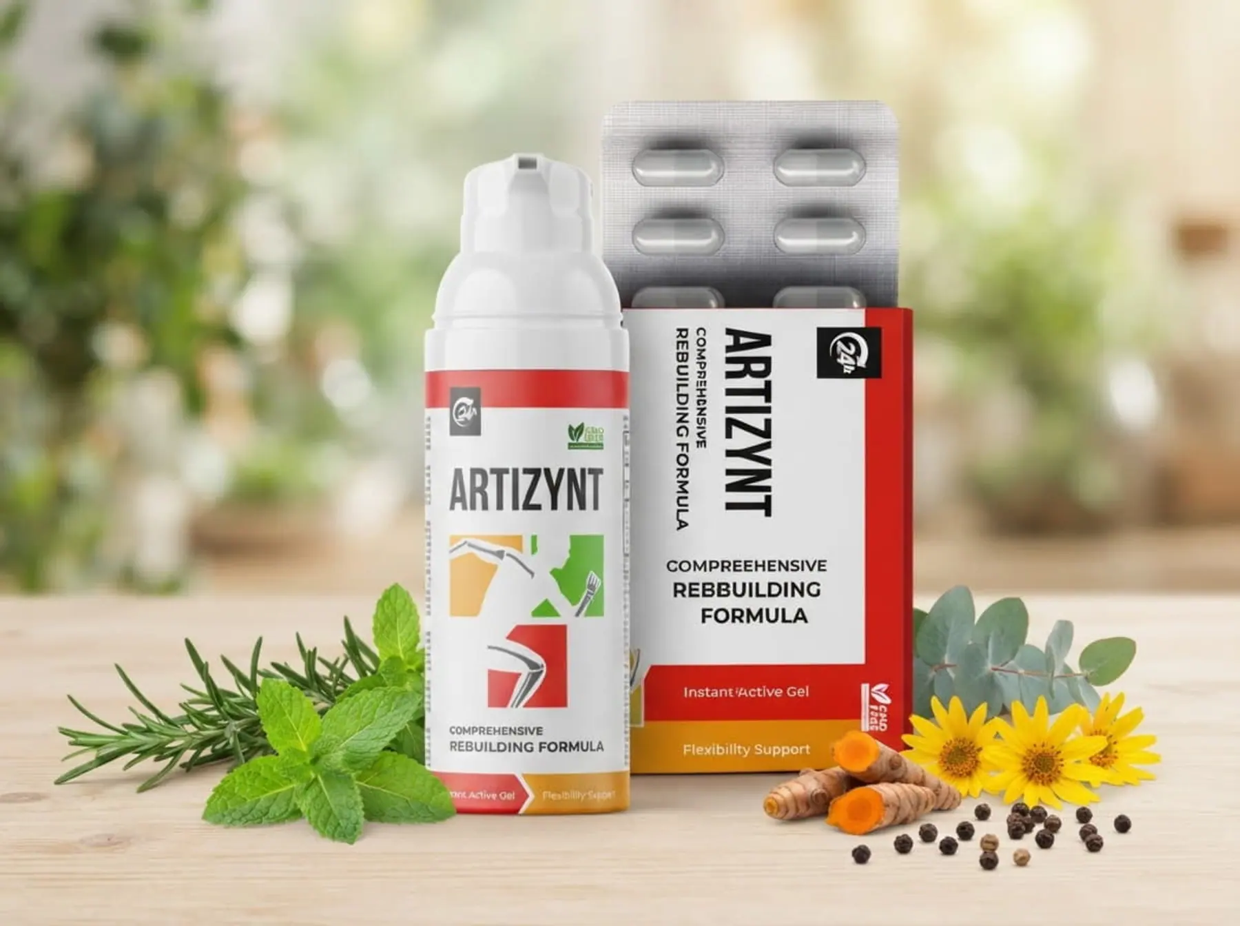 ArtiZynt Kapseln und Gel auf einem Holztisch zwischen Kurkumawurzel, Pfefferkörnern, Minze, Rosmarin und Arnikablüten