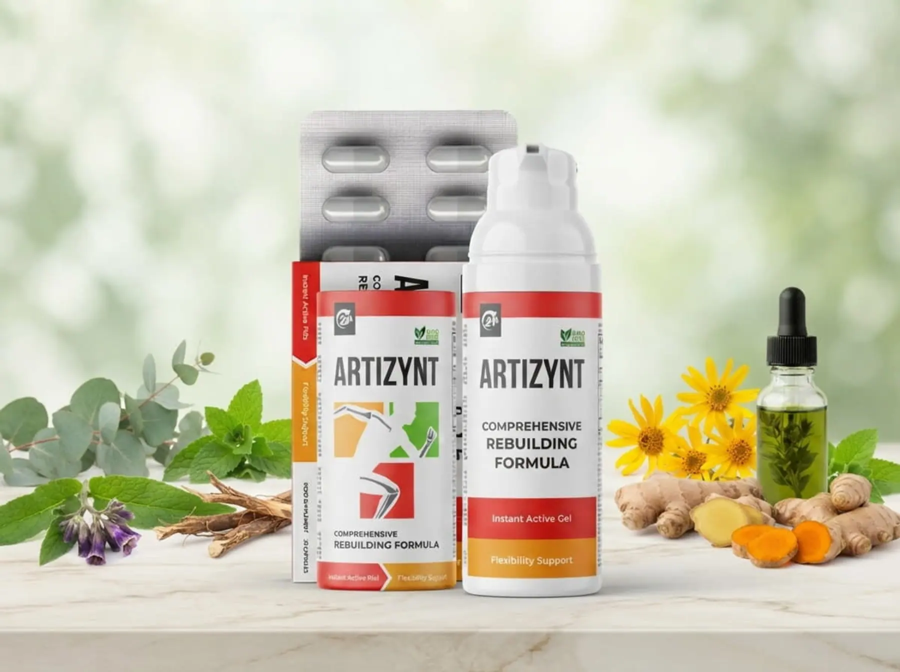 ArtiZynt Gel und Kapseln zwischen Eukalyptuszweigen, Arnikablüten, Beinwell und Wurzelstücken