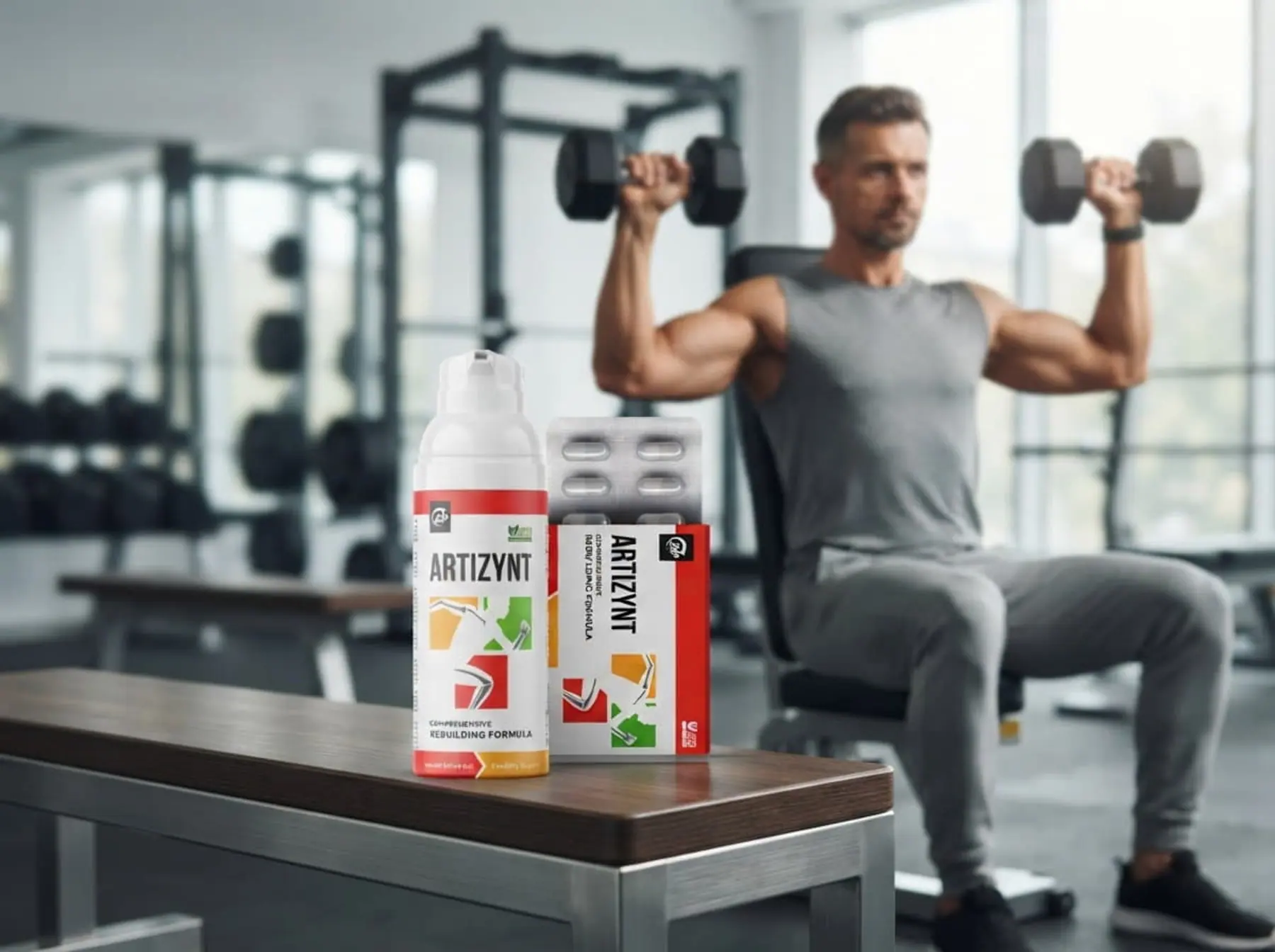 Hombre entrenando con mancuernas en el gimnasio; en el banco, ArtiZynt gel y cápsulas