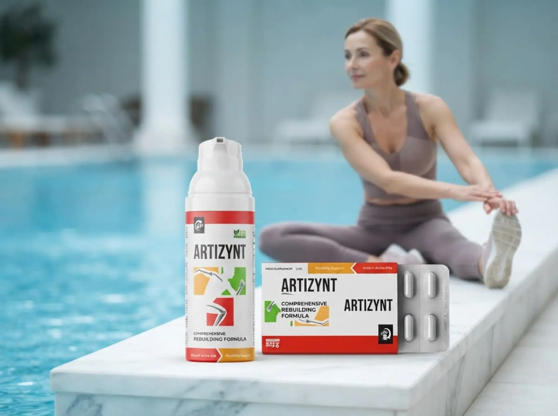 Mujer estirando junto a una piscina; en el borde, ArtiZynt gel y cápsulas