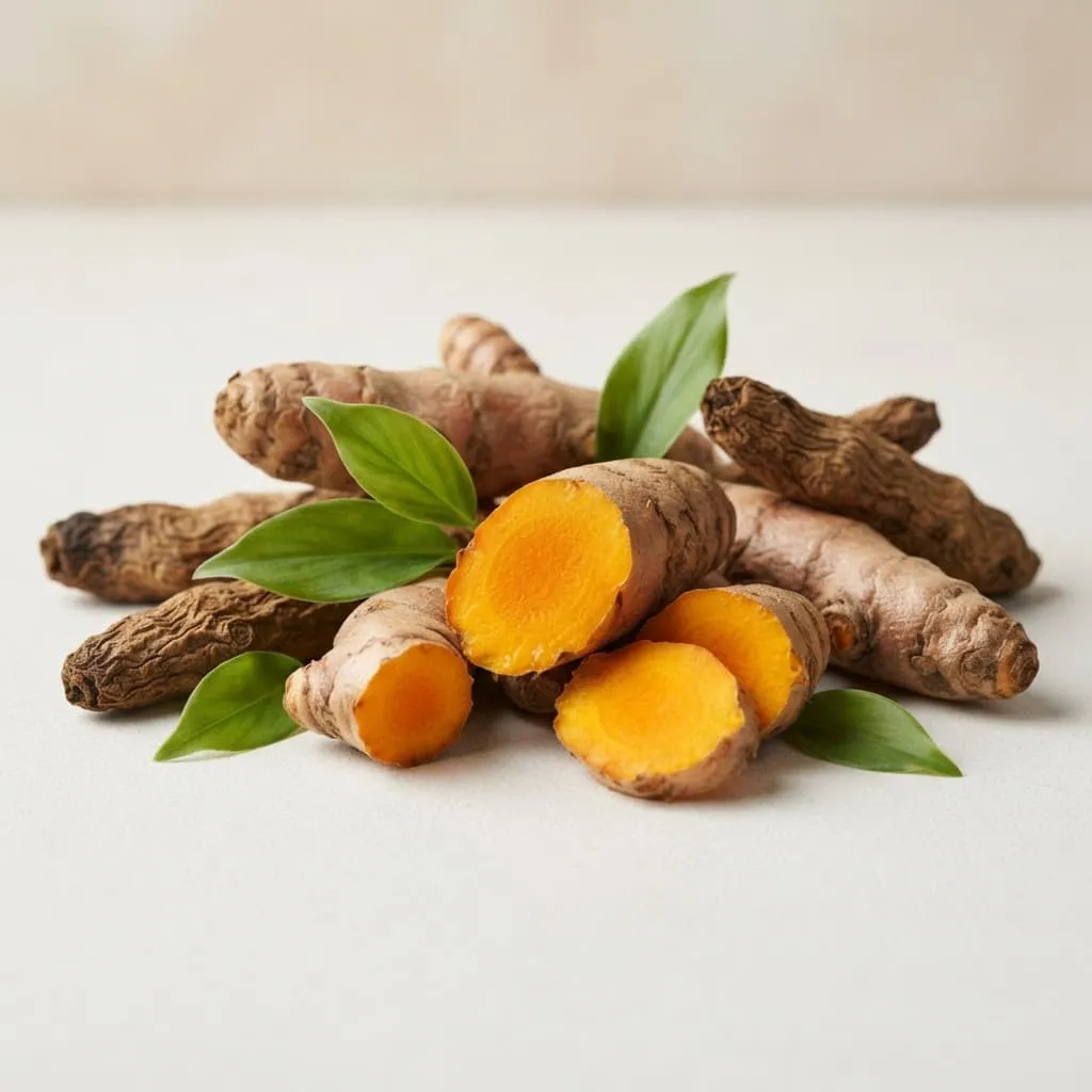Raíces de cúrcuma fresca, una de ellas abierta, con hojas verdes