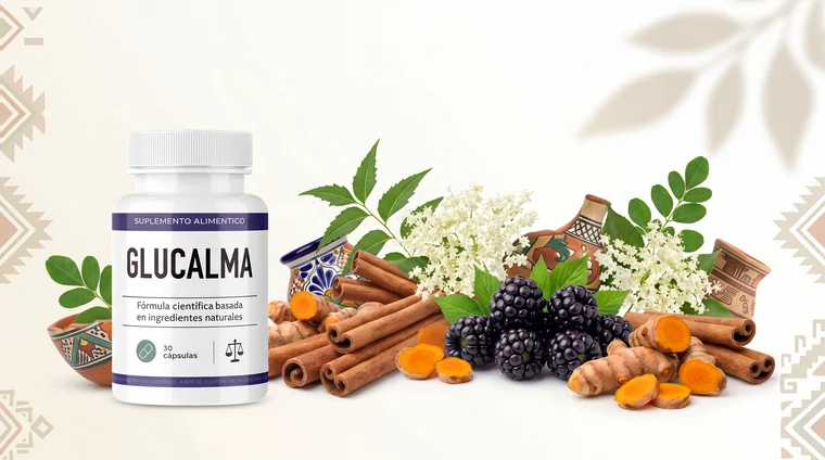 Frasco de Glucalma junto a canela en rama, zarzamora, cúrcuma y hojas de neem y moringa