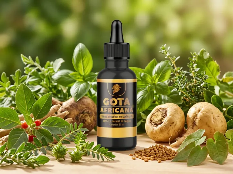 Frasco de Gota Africana junto a raíz de maca, hojas y semillas de fenogreco