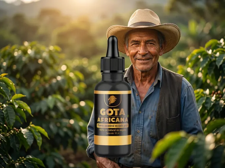 Caficultor colombiano sonriendo con el frasco de Gota Africana