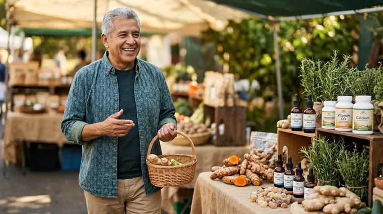 Uomo sorridente tra erbe e prodotti naturali al mercato