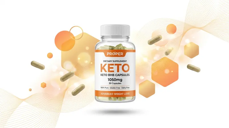 Cápsulas de Proper Keto en una composición que evoca la energía del plan cetogénico