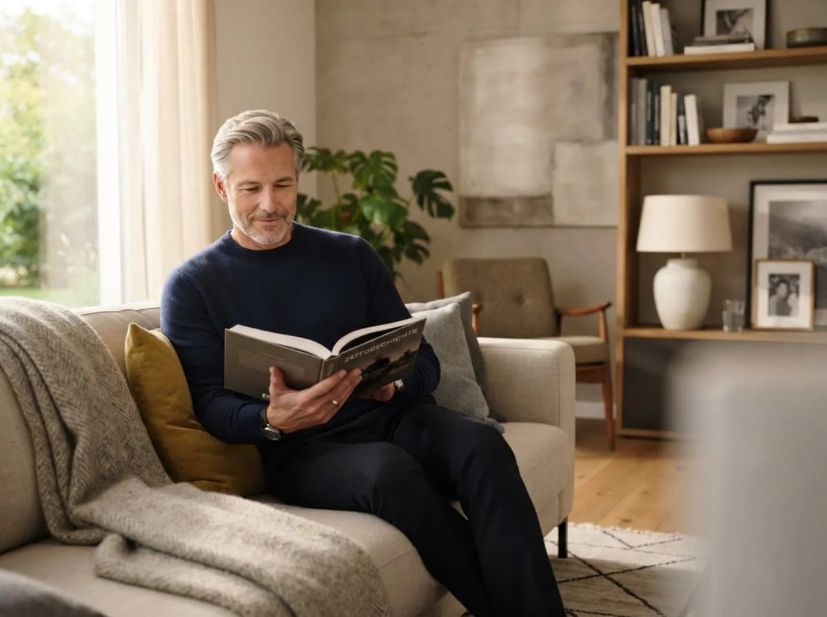 Mann liest entspannt auf dem Sofa am Fenster