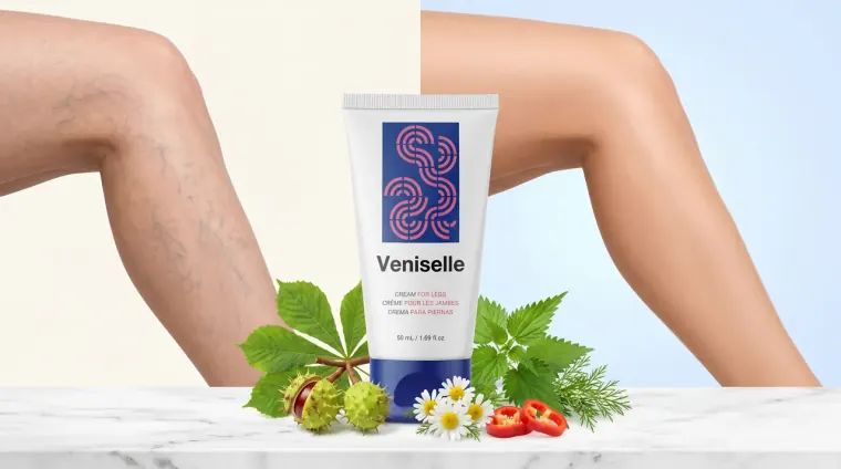 Ein Bein mit sichtbaren Besenreisern neben einem Bein ohne, mit der Veniselle-Tube sowie Rosskastanie, Kamille und Brennnessel im Vordergrund.