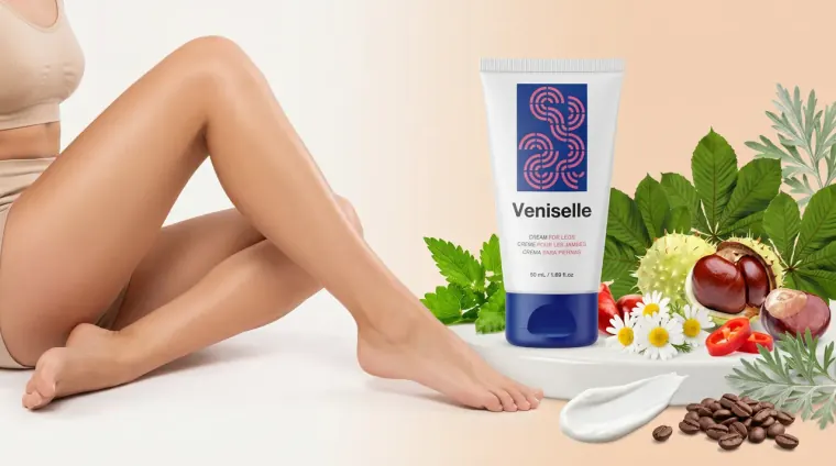 Die Veniselle-Tube umgeben von ihren pflanzlichen Inhaltsstoffen: Rosskastanie, Kamille, roter Paprika, Wermut und Kaffeebohnen.