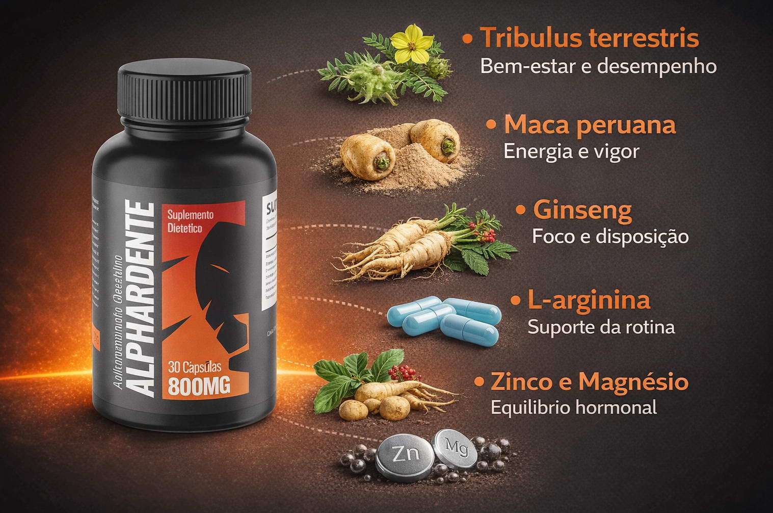 Alphardente Cápsulas — suplemento natural masculino, embalagem e apresentação do produto no Brasil
